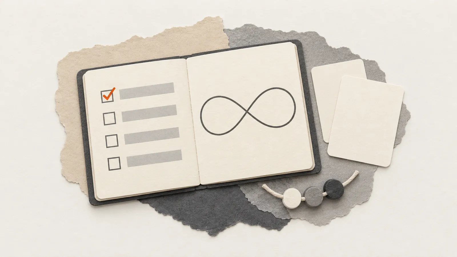 A field notebook with a task checklist, an infinity-shaped coordination path, therapy beads, and reading cards