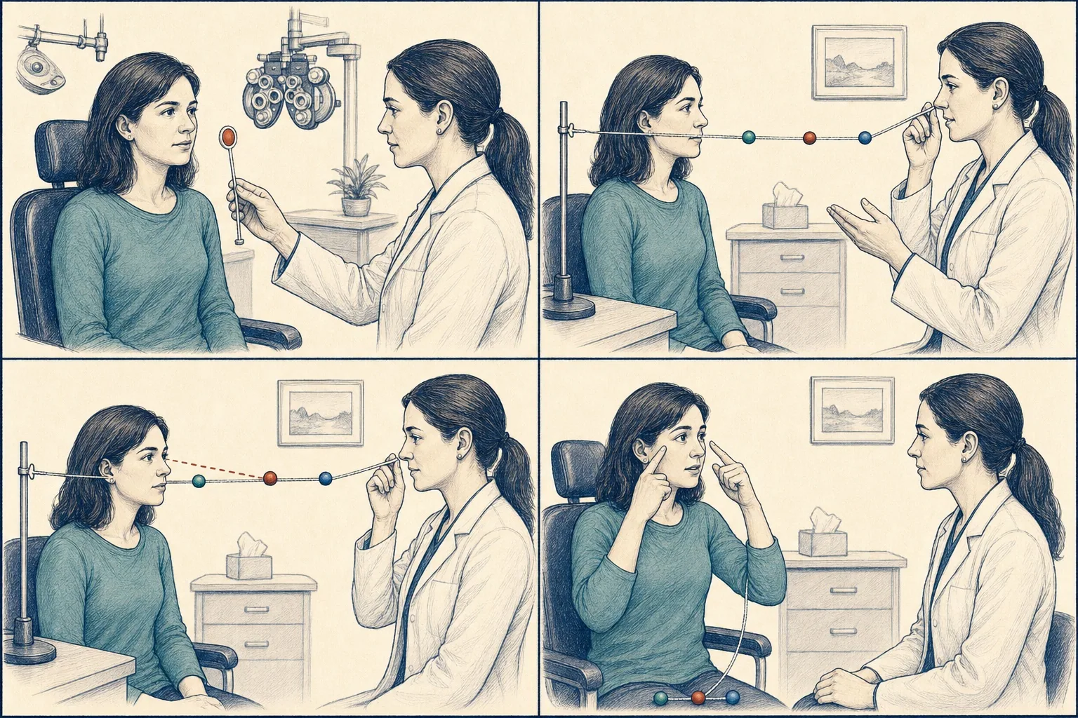 Seated adult receiving a measured near-convergence assessment from an eye-care clinician.