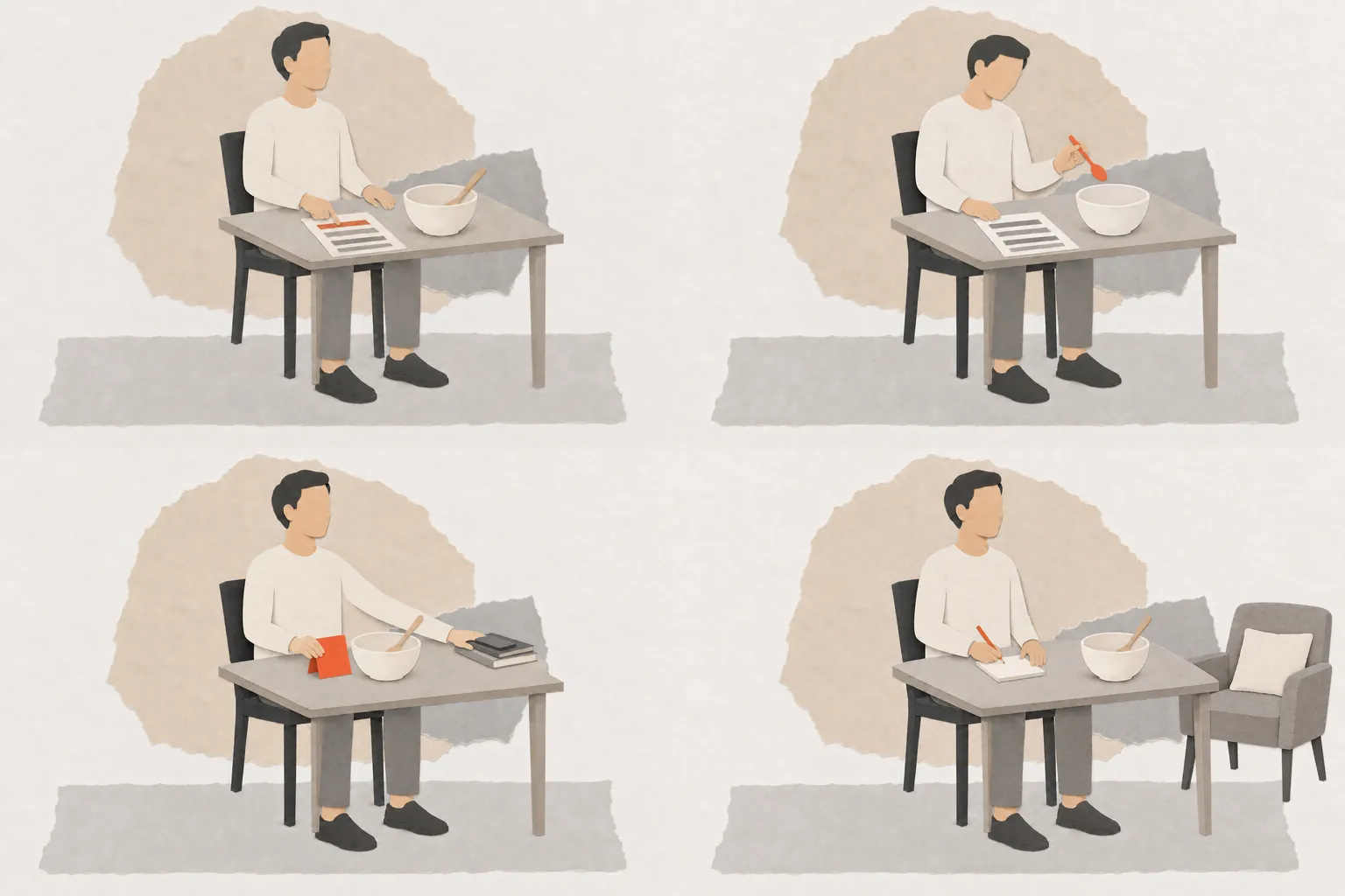Adult at a kitchen table choosing one small recipe step beside a mixing bowl.