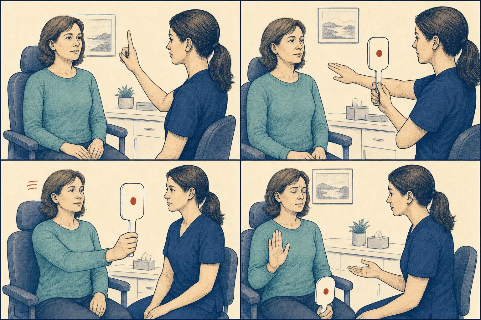 Seated adult receiving an eye and head coordination assessment from a vestibular clinician.