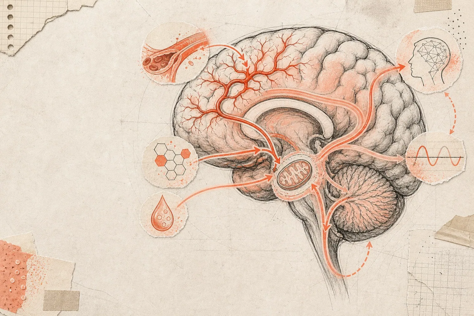 Notebook illustration of blood flow, fuel molecules, a mitochondrion and mental activity connected to the brain