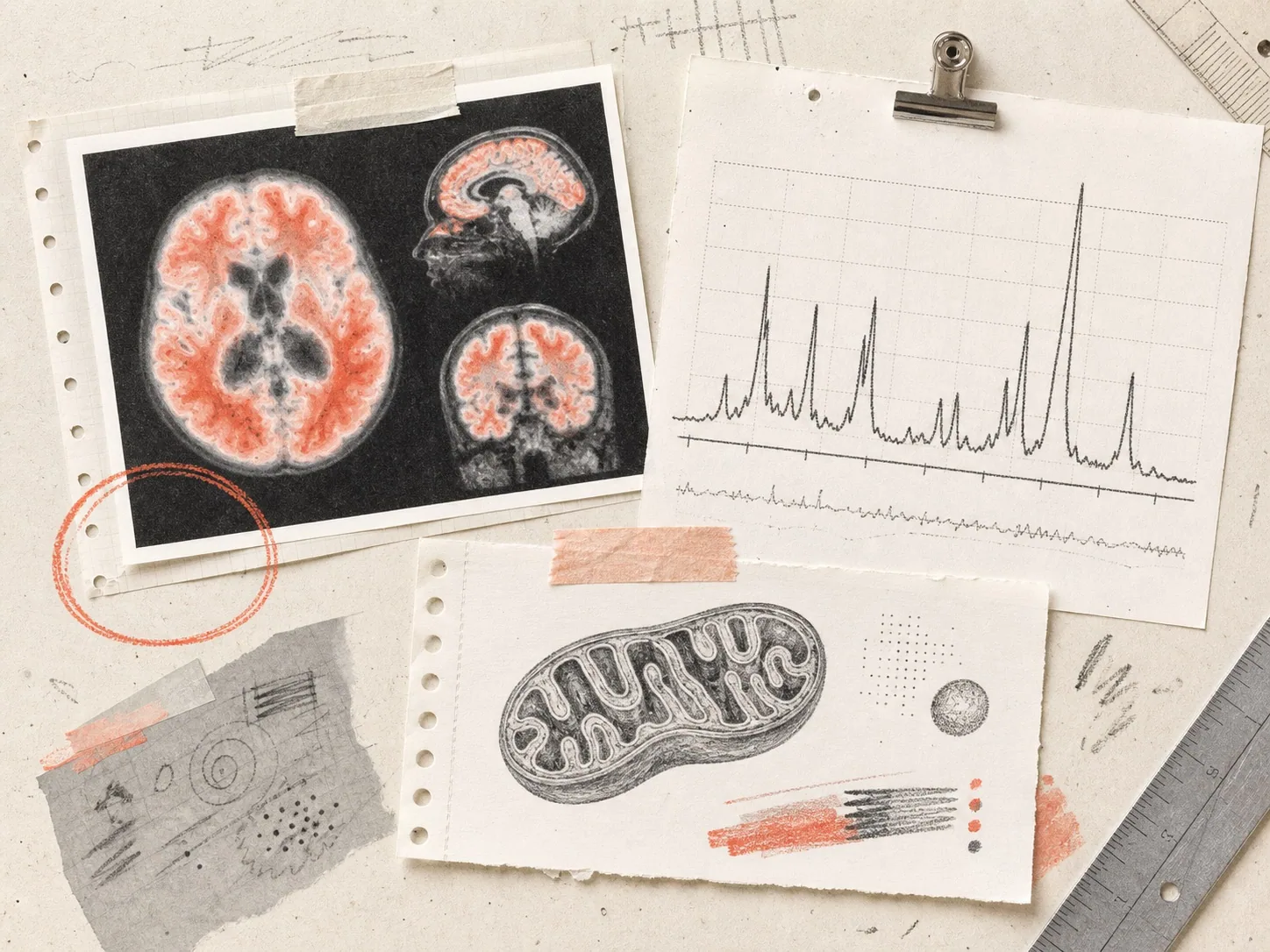 Notebook collage showing brain scans, a spectroscopy graph and a mitochondrion drawing