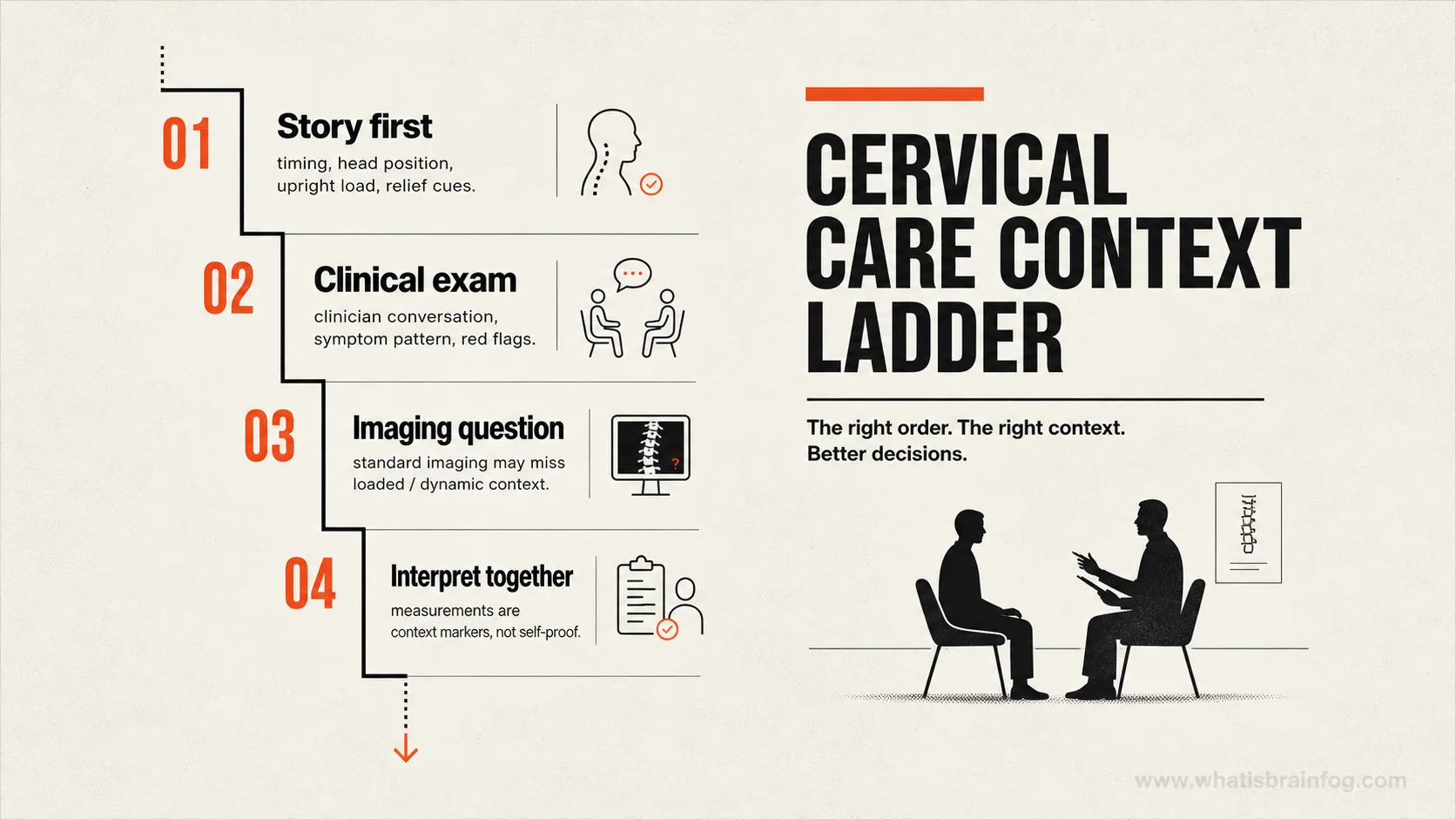 Cervical assessment sequence showing symptom history, clinical examination, imaging question, and interpretation.