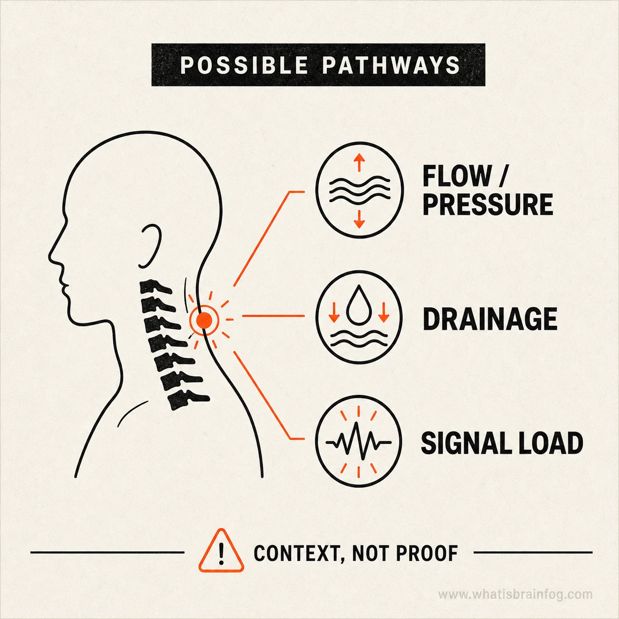 Cervical mechanism key showing neck load connected to possible flow, pressure, drainage, and sensory-load explanations.