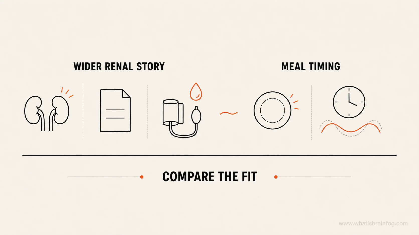 Comparison diagram showing kidney-related clues beside symptoms tied closely to meals or missed meals.