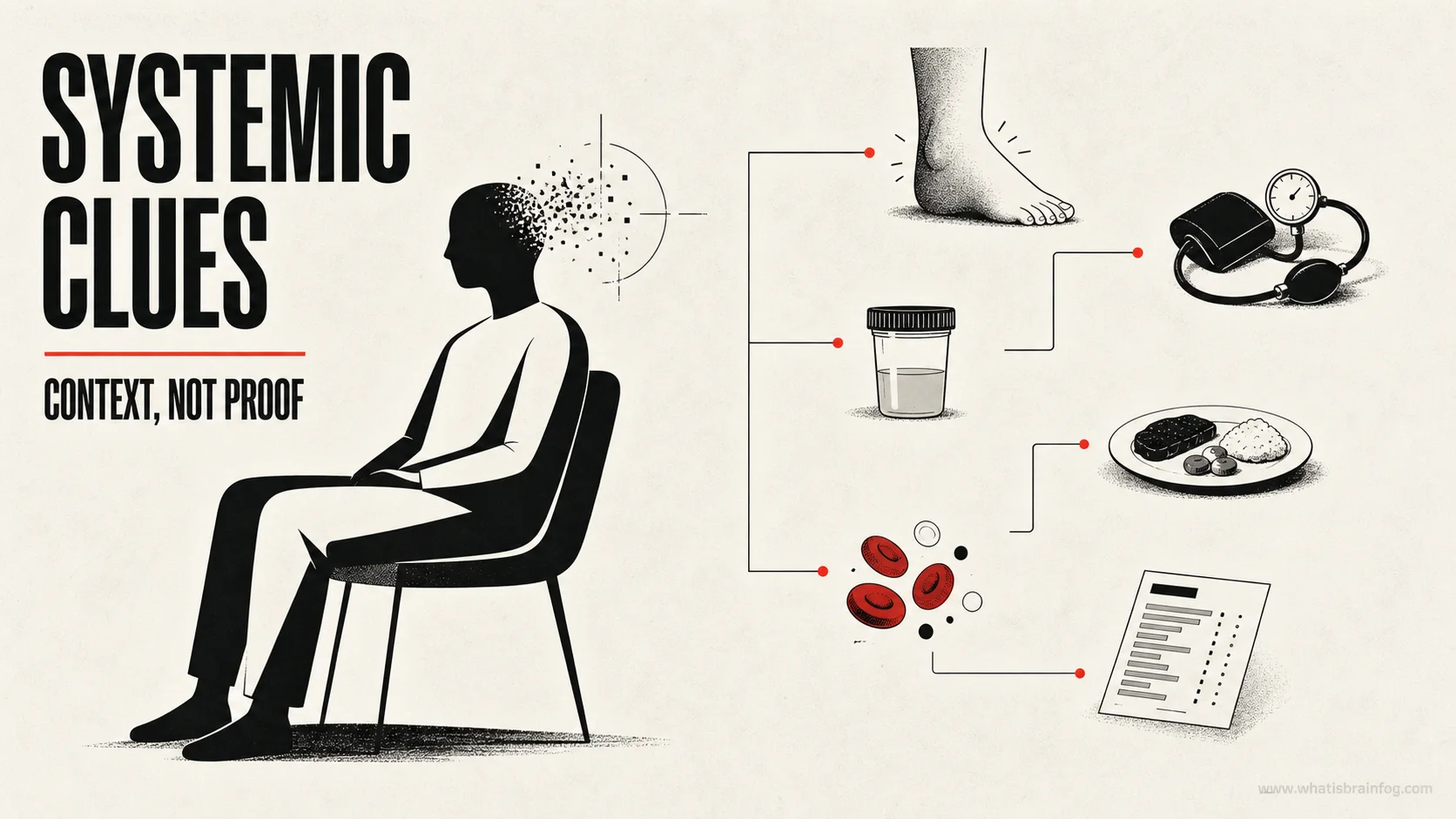 Systemic kidney context shown through swelling, blood pressure, urine, anemia, appetite, and lab clues around a person with brain fog.