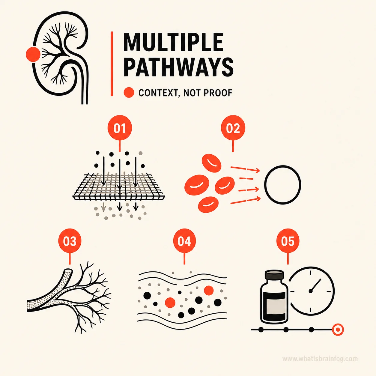Compact key for five possible overlapping kidney pathways, presented as context rather than proof.