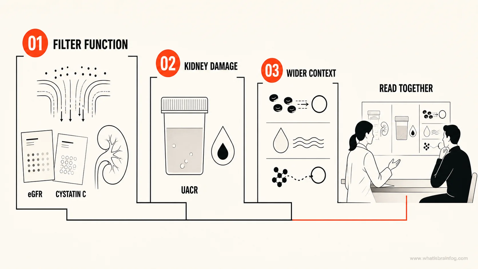 Kidney testing context map showing filter function, kidney damage, and wider clinical context read together.