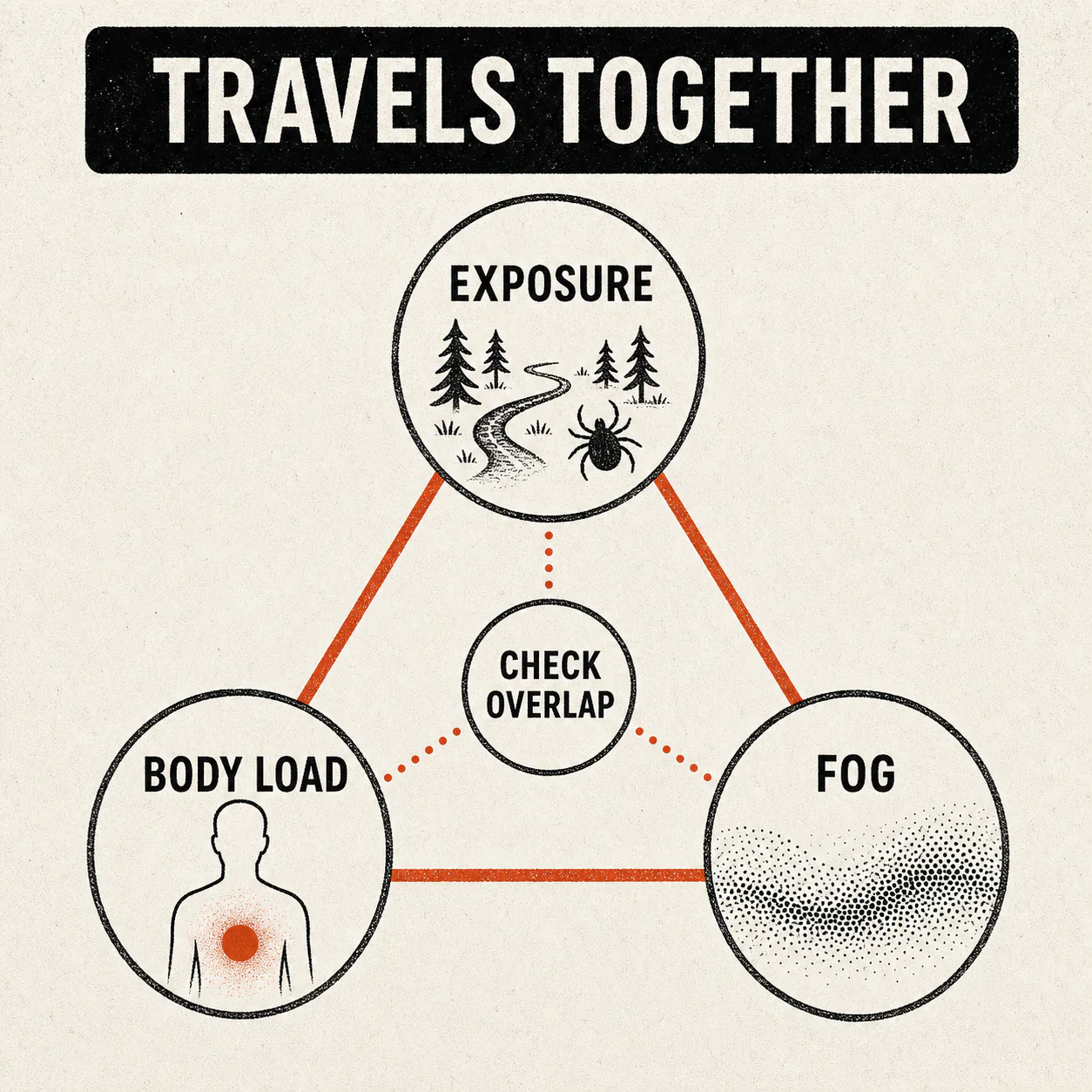 Lyme context map showing exposure, body load, and fog traveling together while prompting overlap checks.