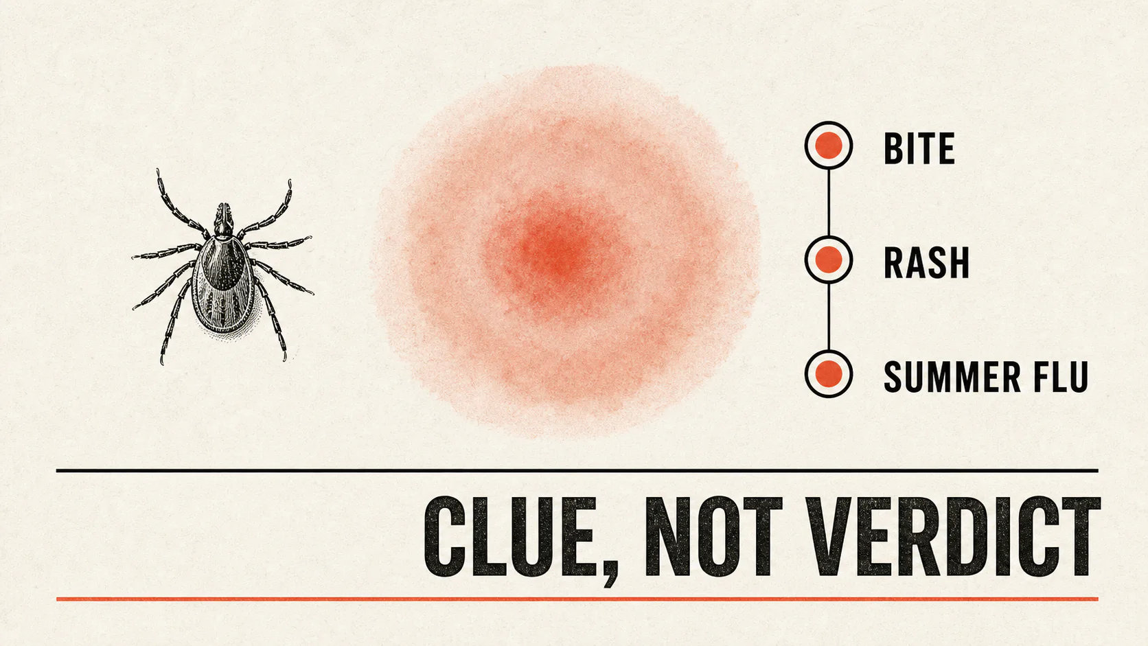 Lyme exposure clues shown as a tick, rash, and summer flu sequence, with the reminder that a clue is not a verdict.