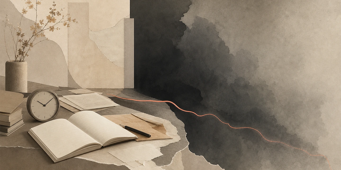 Paper collage illustration for the Burnout brain fog guide