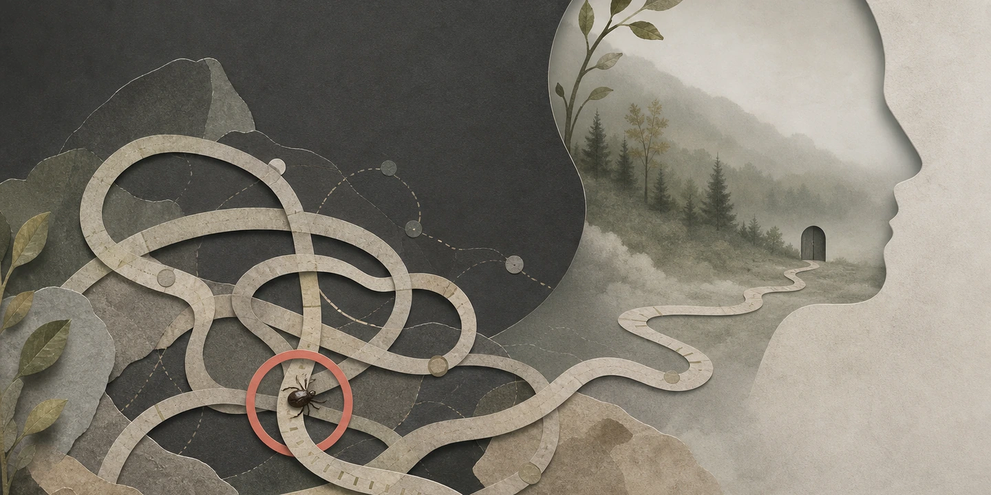 Paper collage illustration for the Lyme brain fog guide