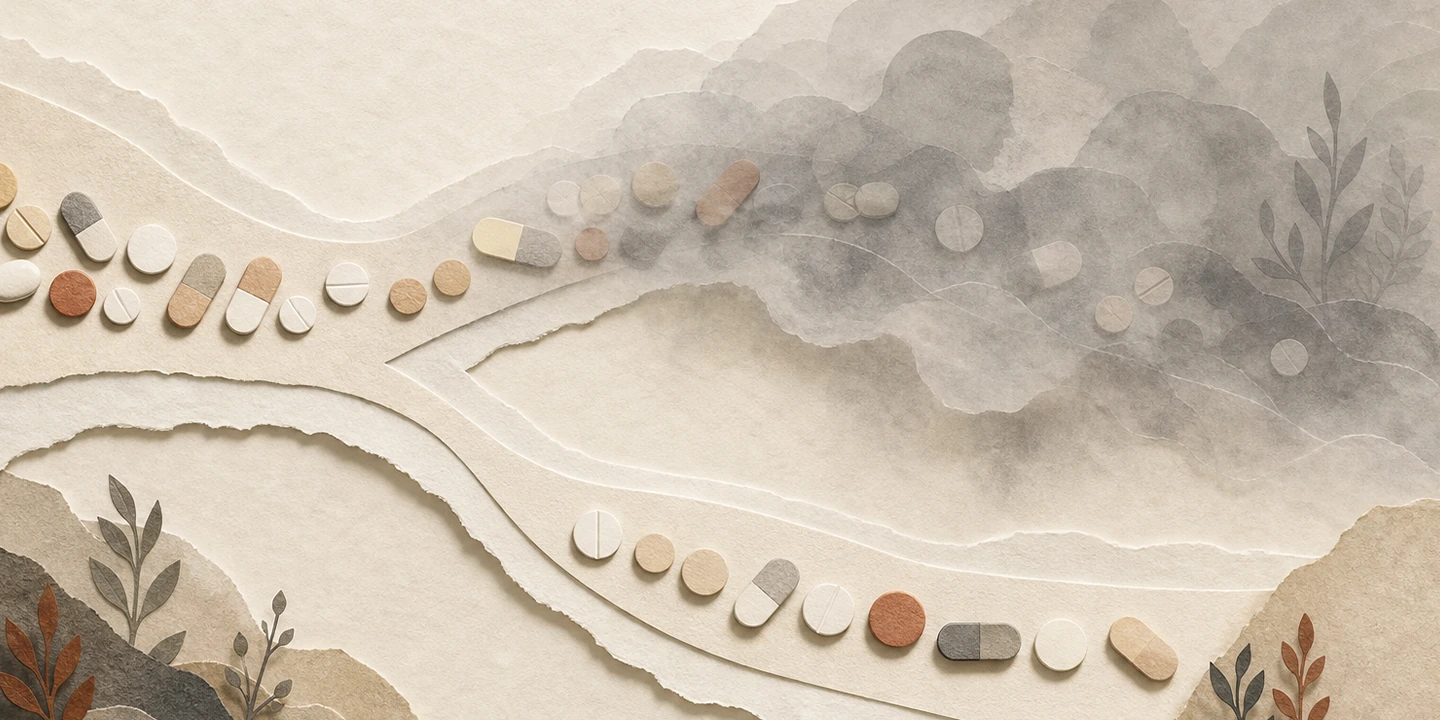 Paper collage illustration for the Medication Side Effects brain fog guide