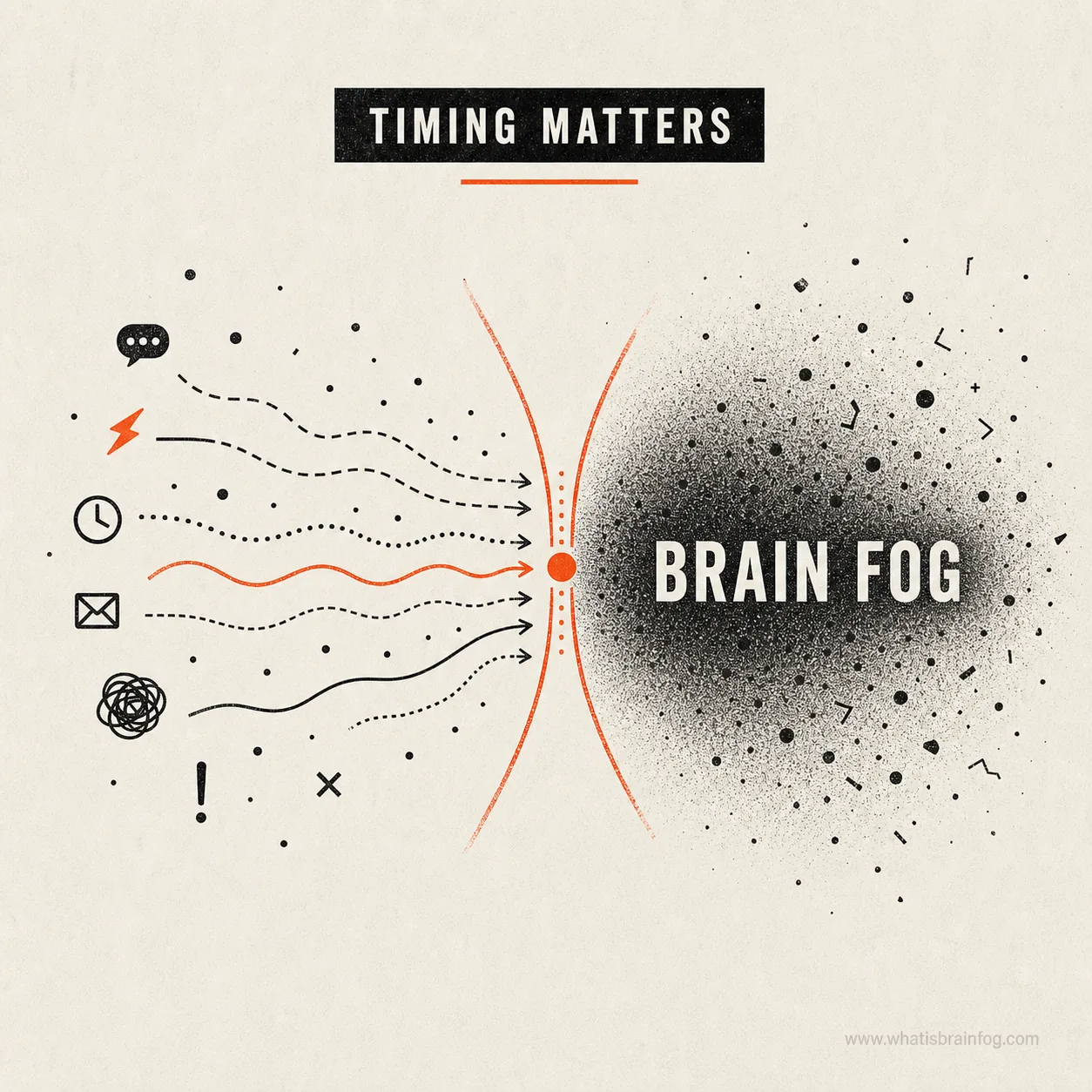 Conceptual illustration showing different stress and task inputs narrowing into brain fog when timing and load converge.