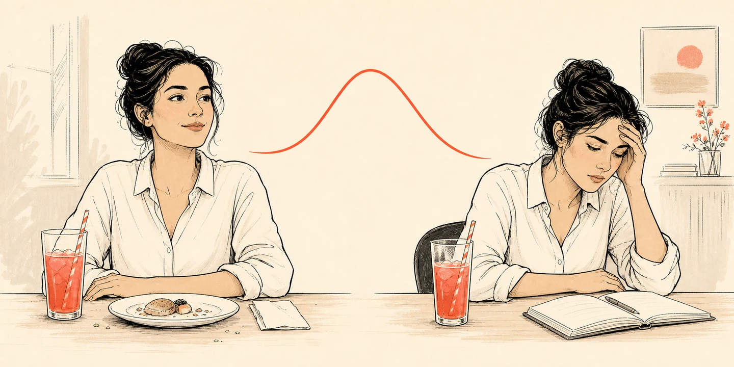 The same woman soon after a sweet meal and later feeling tired and unable to concentrate