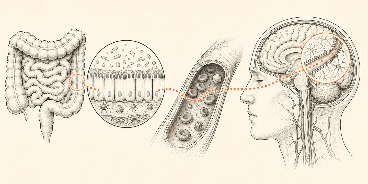 Scientific illustration of the intestine, intestinal lining, blood vessel and brain areas studied in gut-brain research