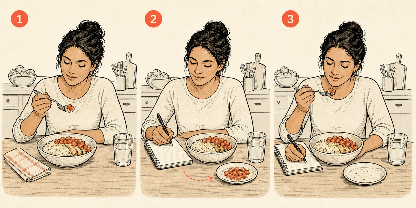 Three stages showing a usual meal, one food removed while symptoms are recorded, and the food eaten again