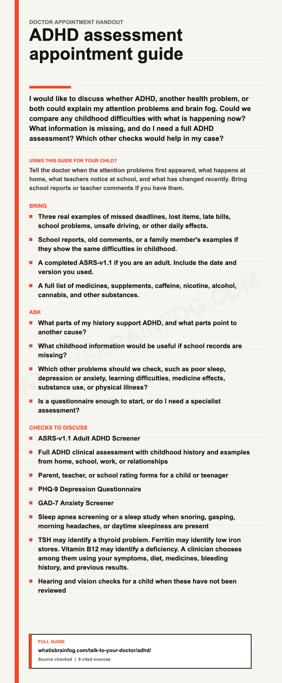 ADHD and Brain Fog: What to Ask at Your Assessment, a doctor appointment handout from What Is Brain Fog.