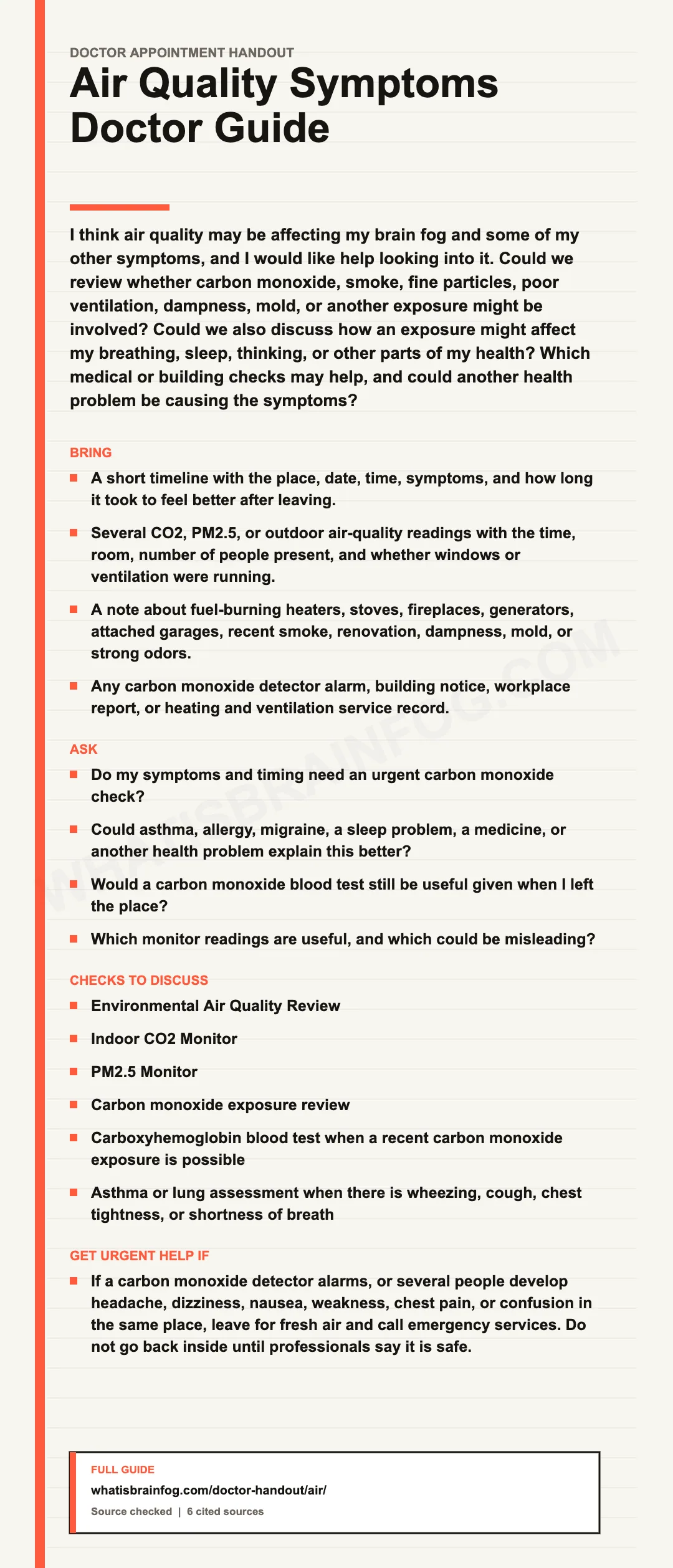 Air Quality and Brain Fog: What to Tell Your Doctor, a doctor appointment handout from What Is Brain Fog.