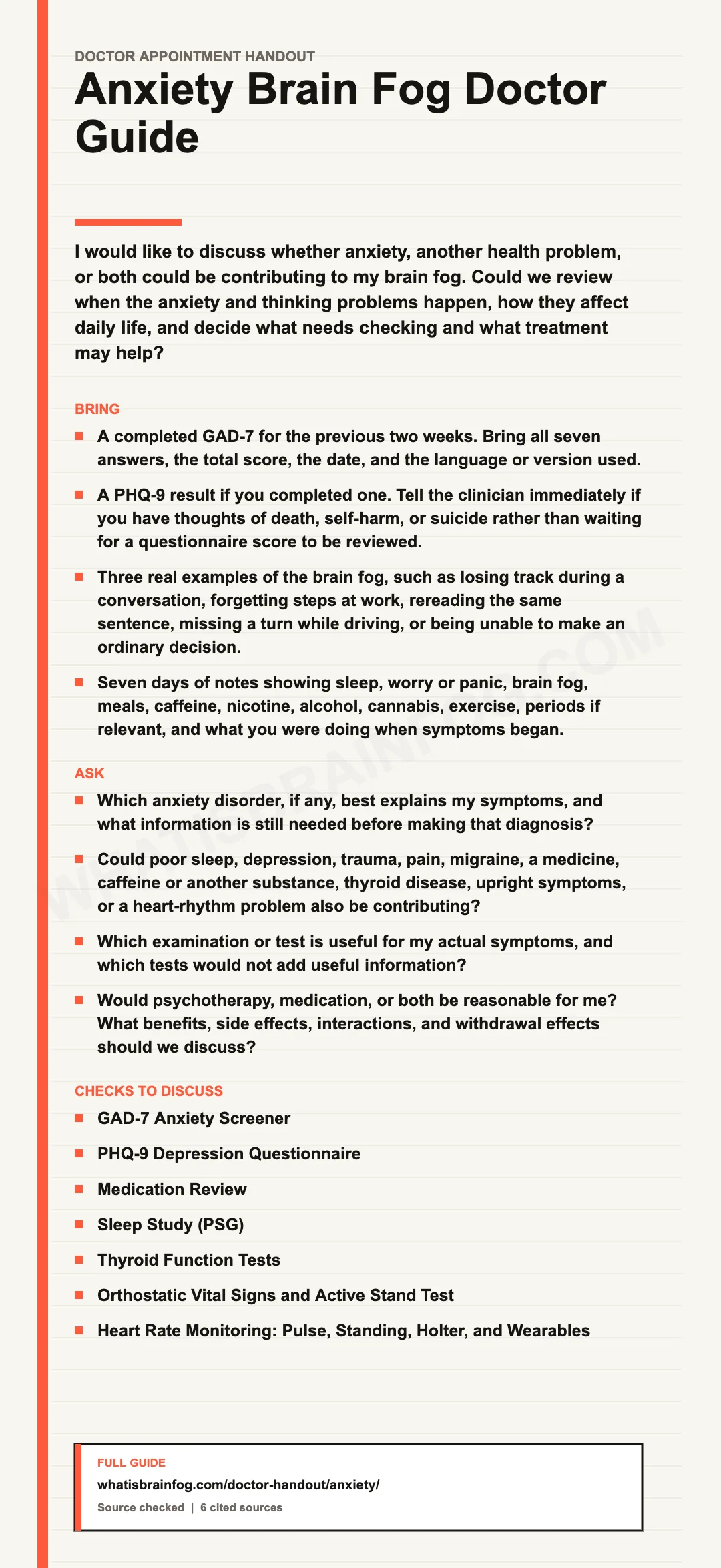 Anxiety and Brain Fog: Doctor Visit Checklist, a doctor appointment handout from What Is Brain Fog.