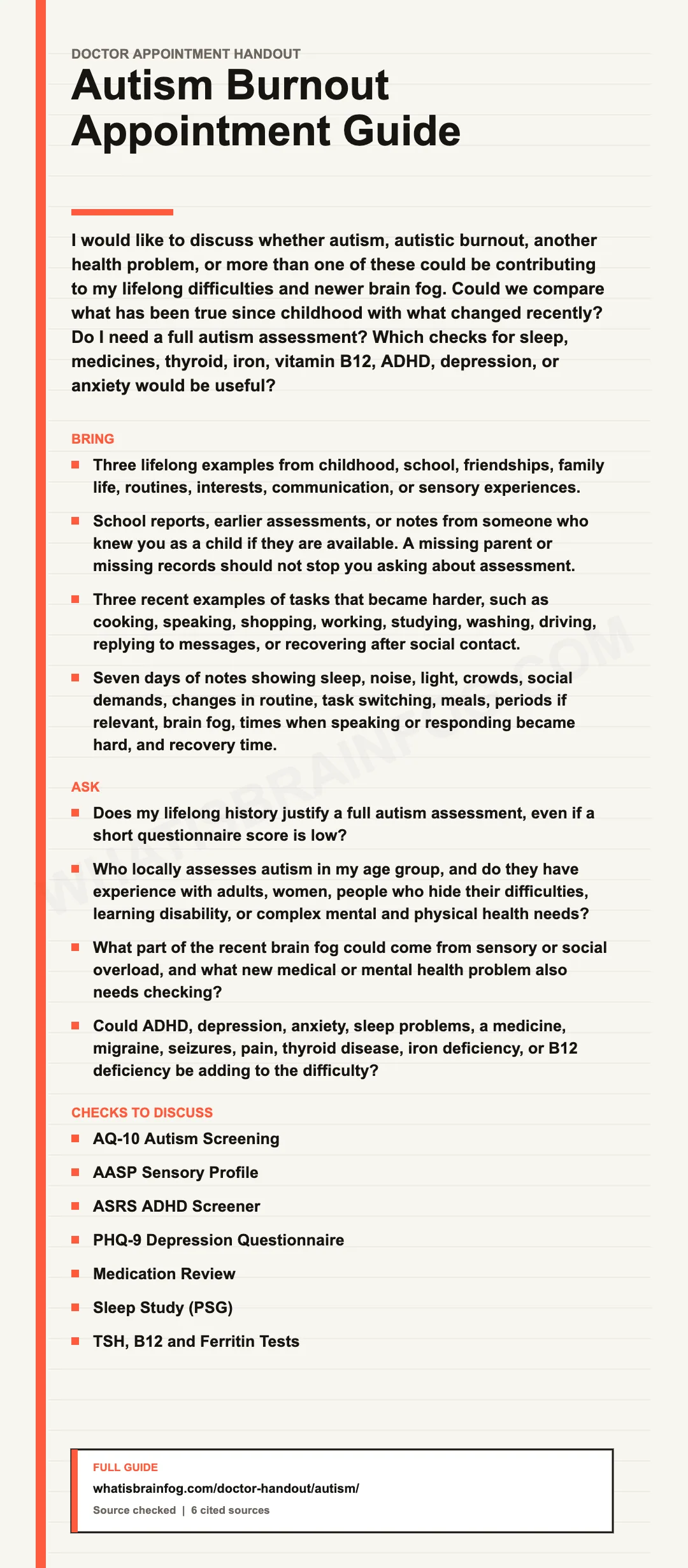 Autistic Burnout and Brain Fog: Appointment Guide, a doctor appointment handout from What Is Brain Fog.