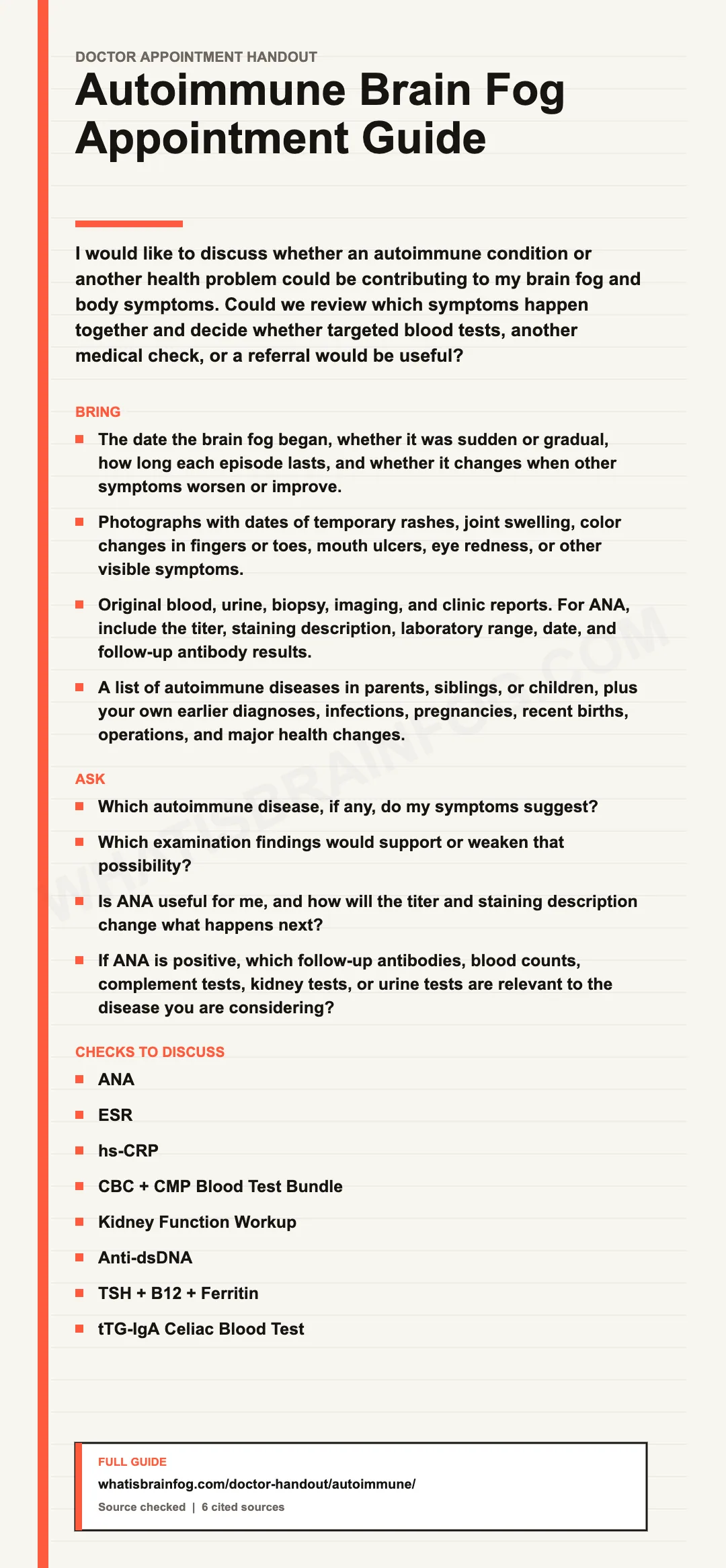 Autoimmune Brain Fog: Symptoms, Tests and Doctor Questions, a doctor appointment handout from What Is Brain Fog.