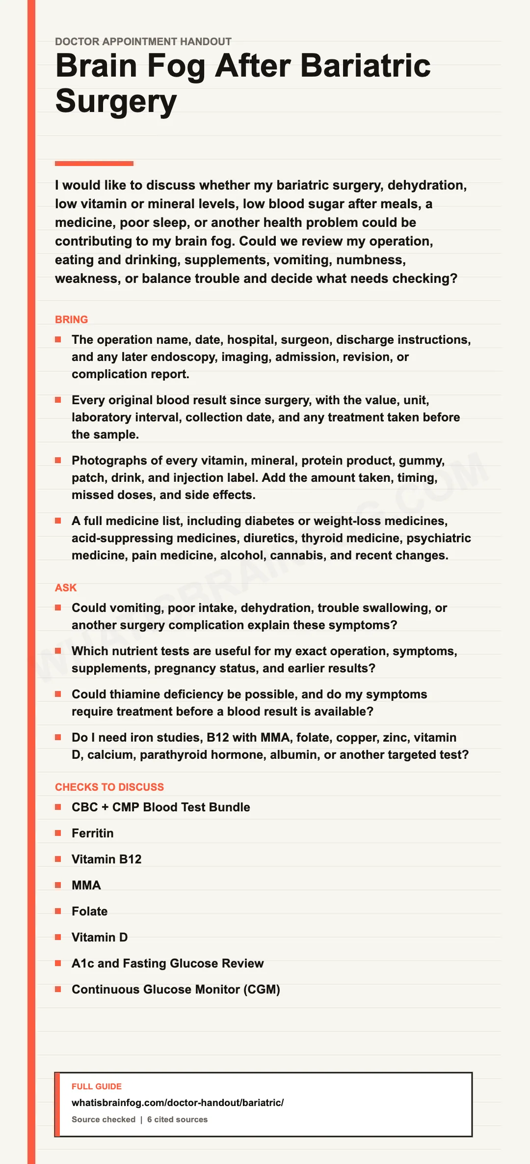 Brain Fog After Bariatric Surgery: Blood Tests and Questions, a doctor appointment handout from What Is Brain Fog.