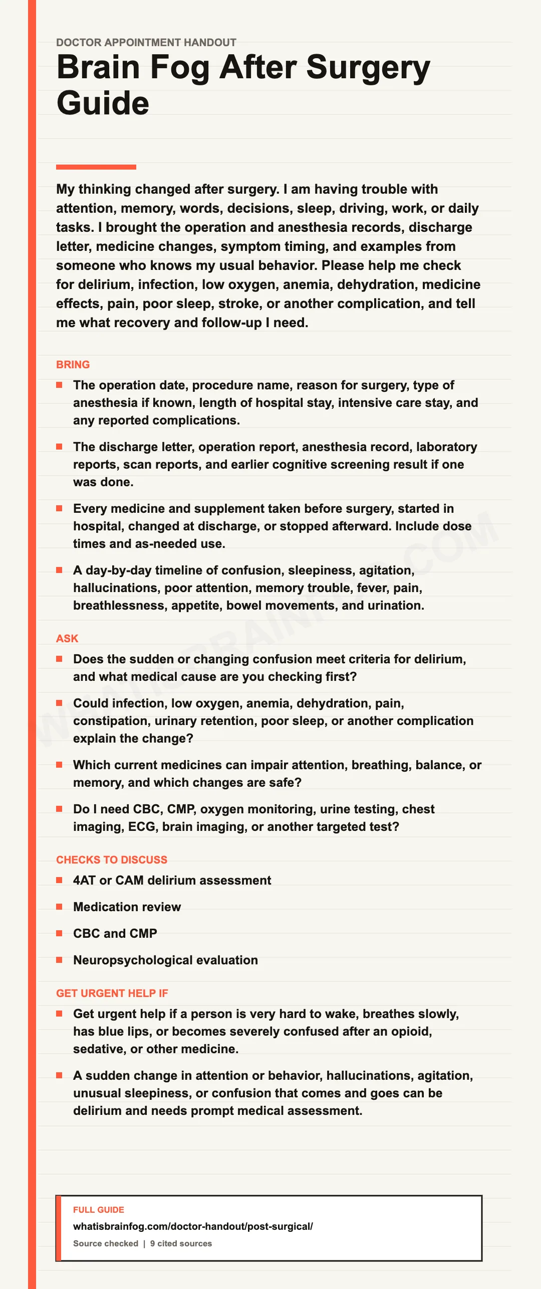 Brain Fog After Surgery: What to Ask Your Doctor, a doctor appointment handout from What Is Brain Fog.
