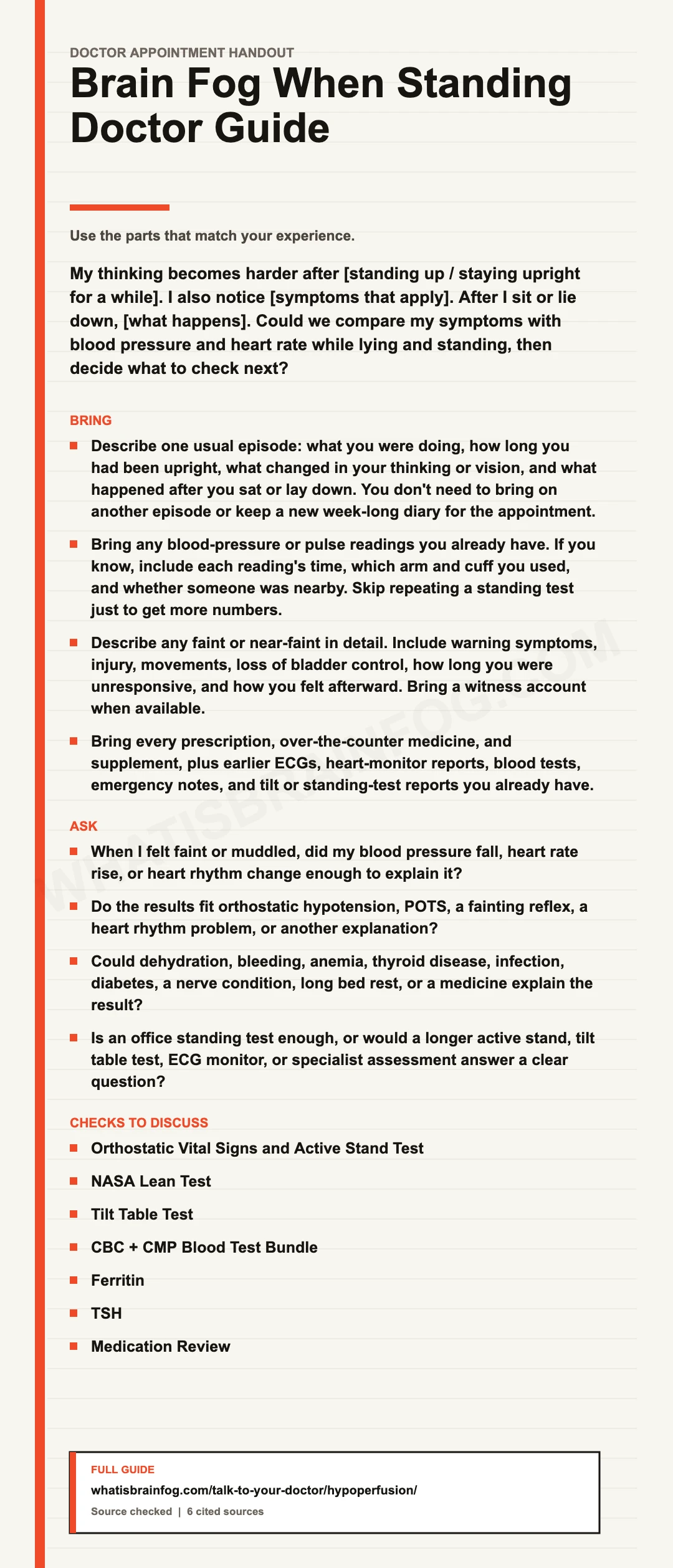 Brain Fog When Standing: What to Tell Your Doctor, a doctor appointment handout from What Is Brain Fog.