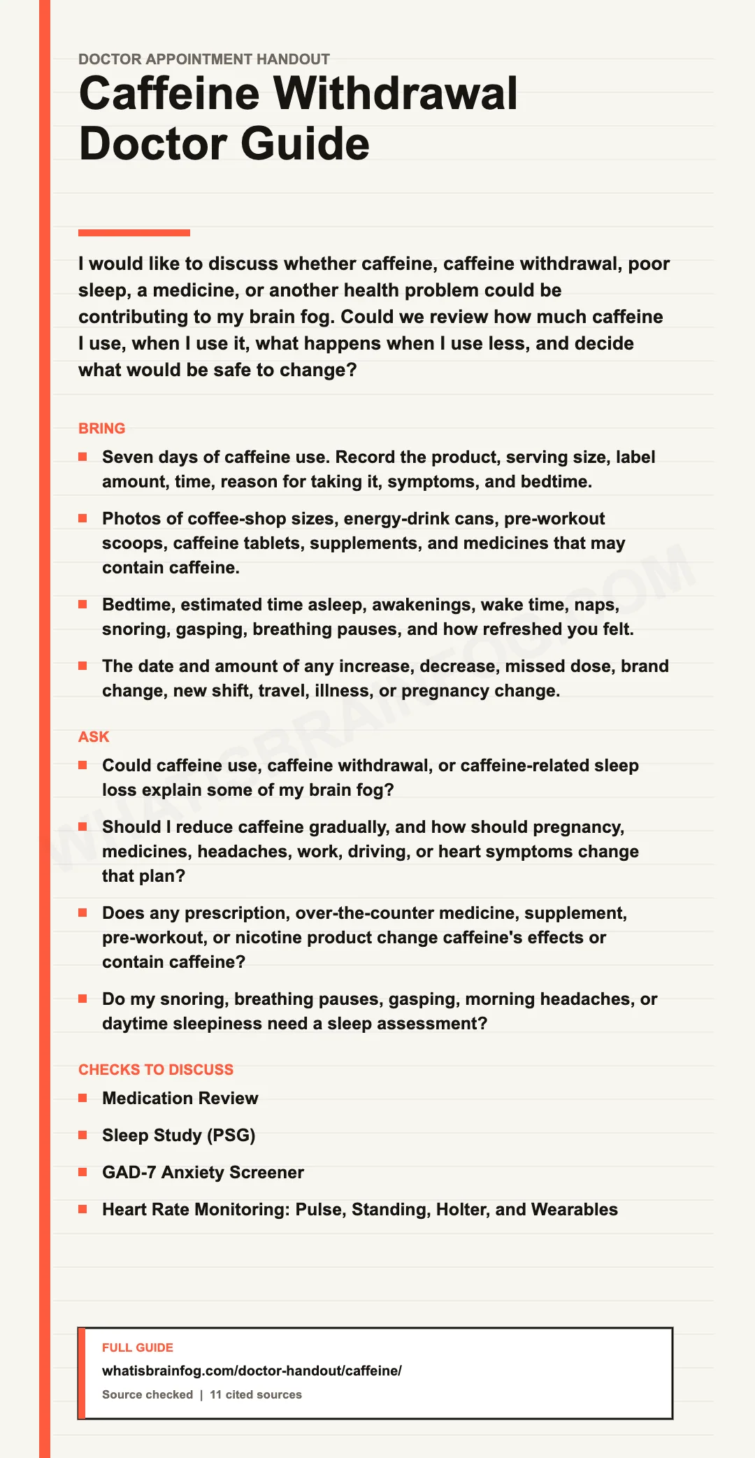 Caffeine Withdrawal Brain Fog: Doctor Questions, a doctor appointment handout from What Is Brain Fog.