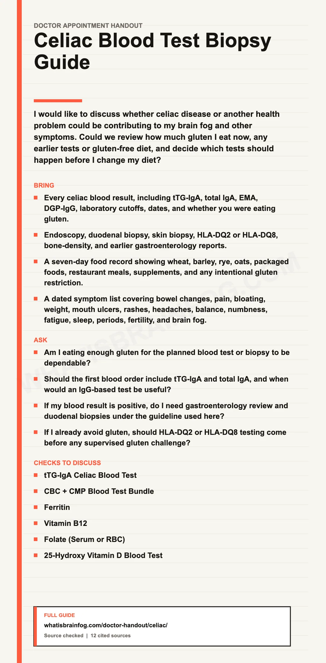 Celiac and Brain Fog: Blood Tests and Biopsy Questions, a doctor appointment handout from What Is Brain Fog.