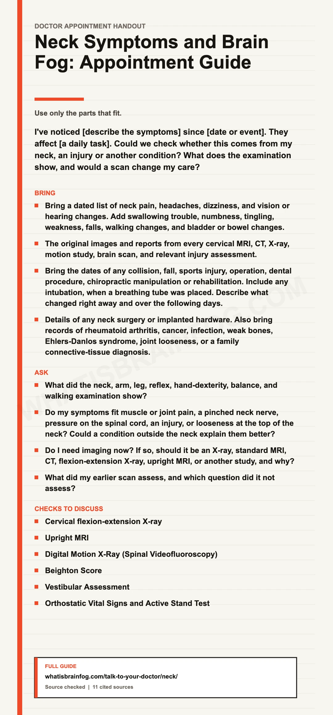 Neck Symptoms and Brain Fog: Appointment Guide, a doctor appointment handout from What Is Brain Fog.