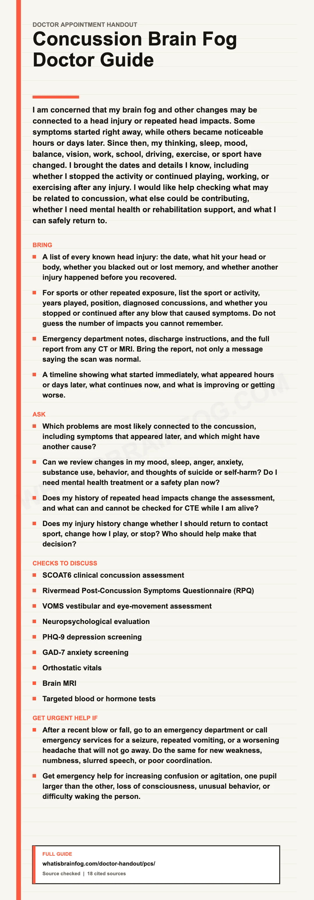 Concussion Brain Fog: Recovery, Sports and Doctor Questions, a doctor appointment handout from What Is Brain Fog.