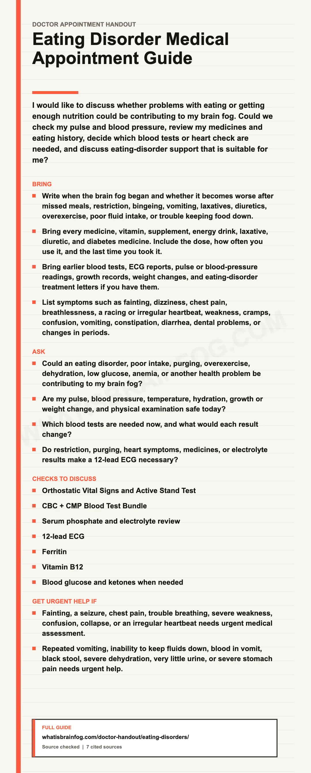 Eating Disorders and Brain Fog: Medical Tests and Questions, a doctor appointment handout from What Is Brain Fog.