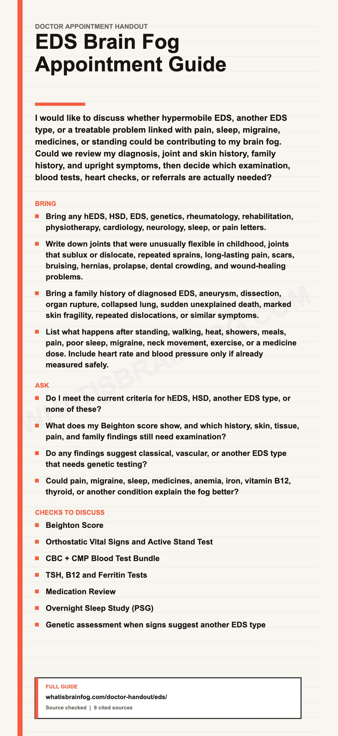 EDS and Brain Fog: POTS, Pain, Sleep and Doctor Questions, a doctor appointment handout from What Is Brain Fog.