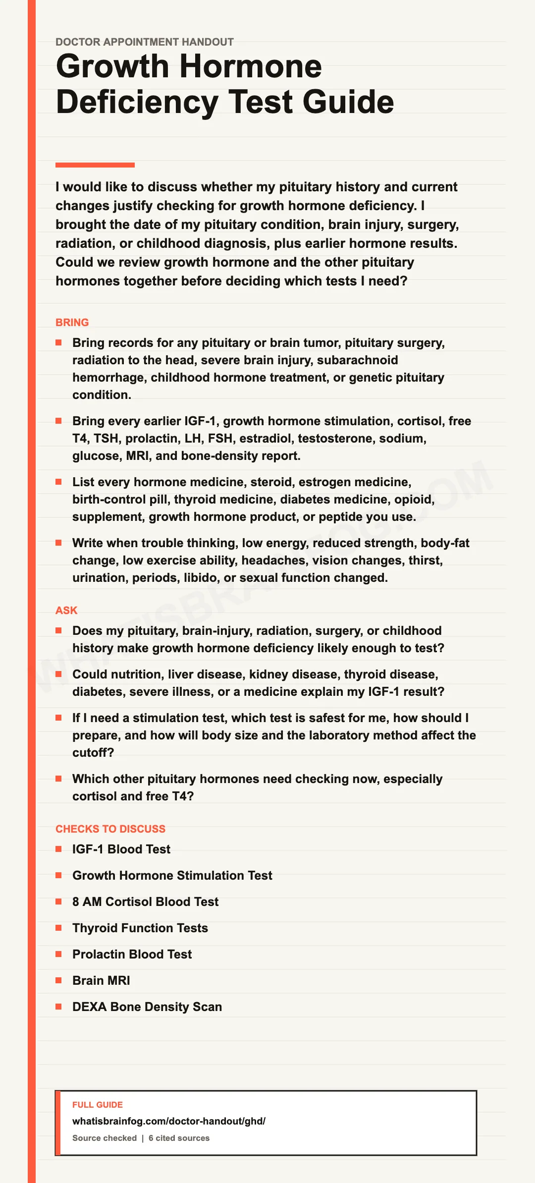 Growth Hormone Deficiency: Stimulation Tests and Questions, a doctor appointment handout from What Is Brain Fog.