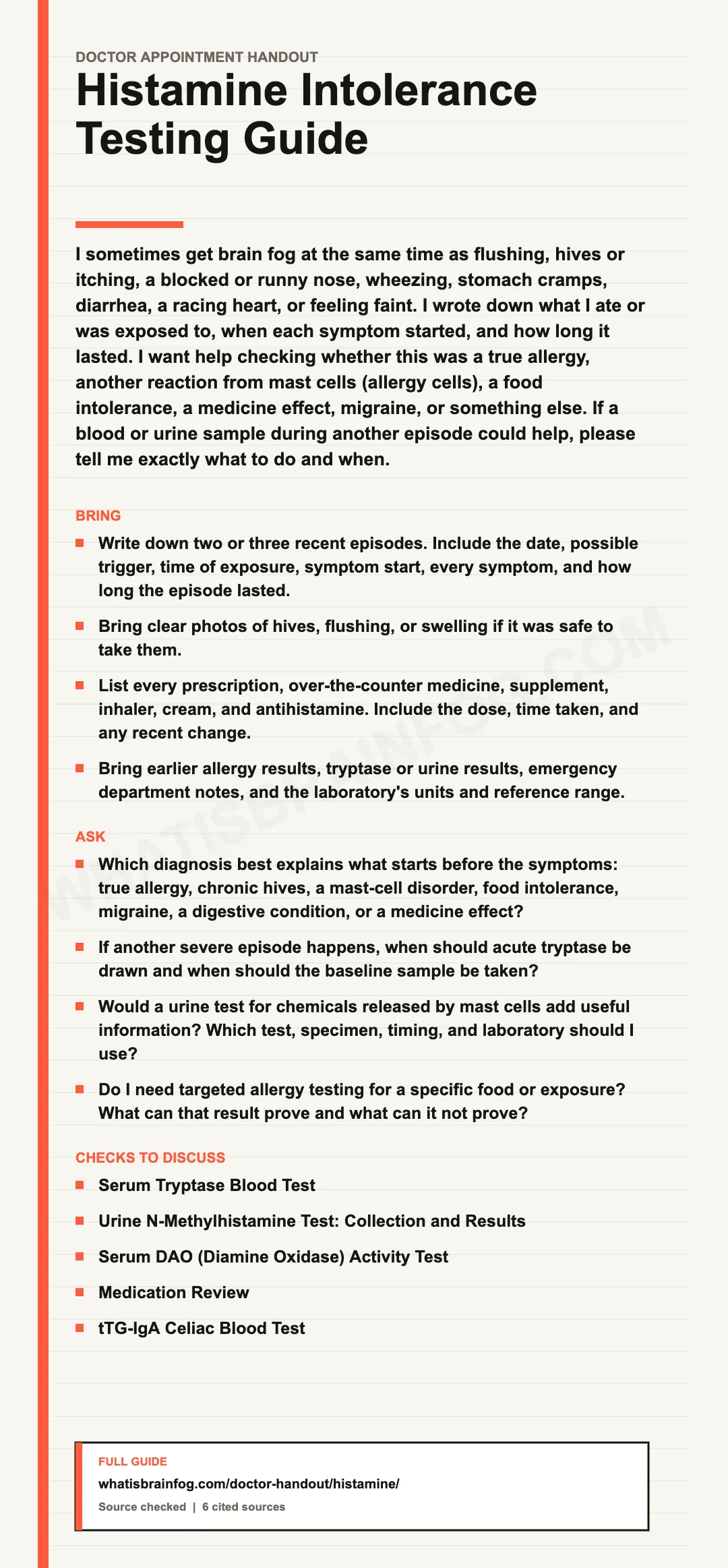 Histamine Intolerance and Brain Fog: Test Limits and Questions, a doctor appointment handout from What Is Brain Fog.