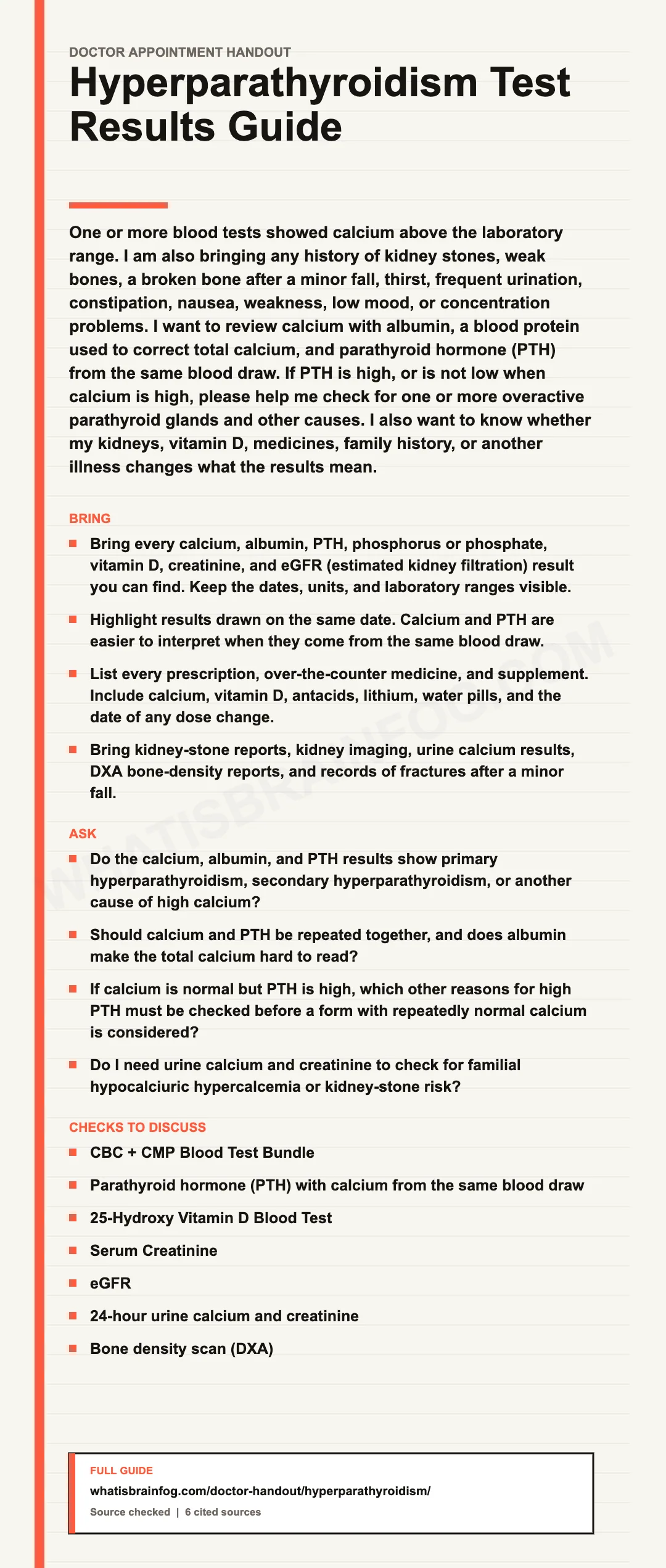 Hyperparathyroidism: Calcium and PTH Questions for Your Doctor, a doctor appointment handout from What Is Brain Fog.
