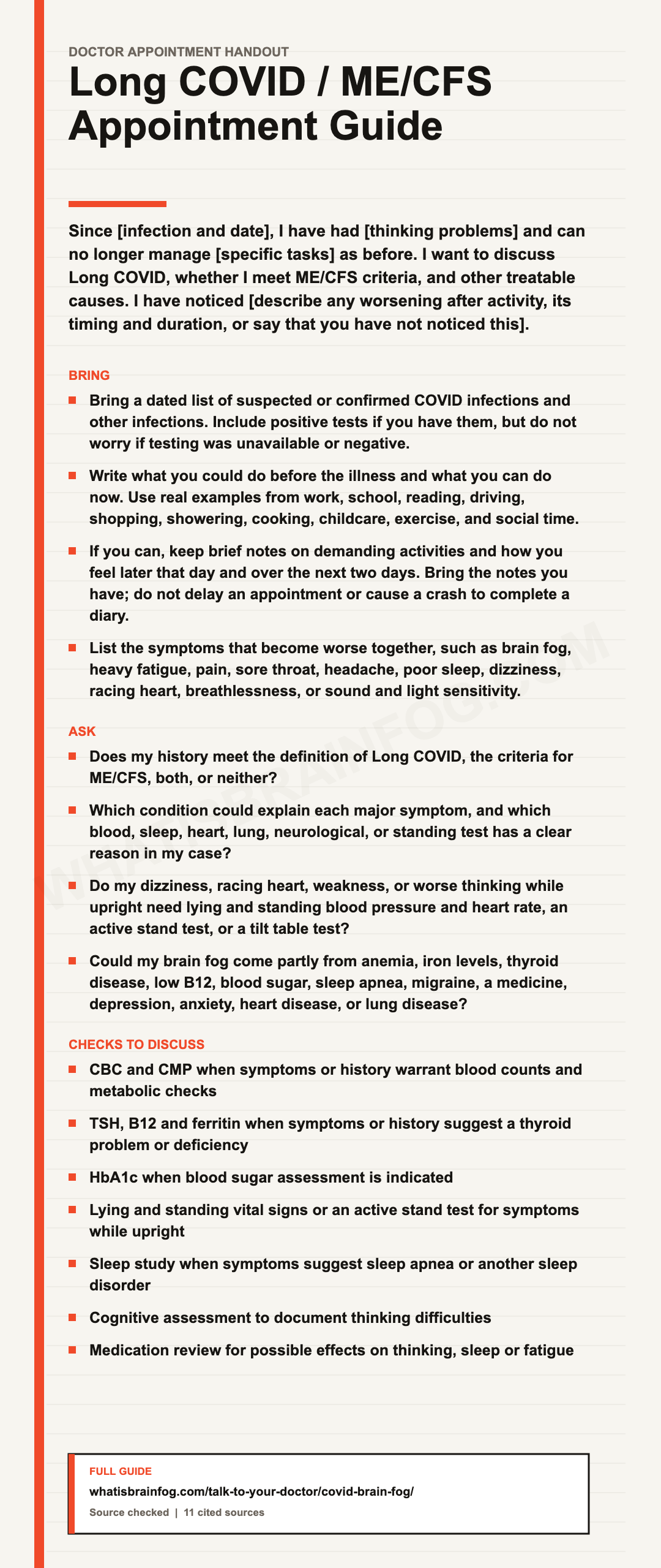 Covid Brain Fog: PEM and What to Ask Your Doctor, a doctor appointment handout from What Is Brain Fog.