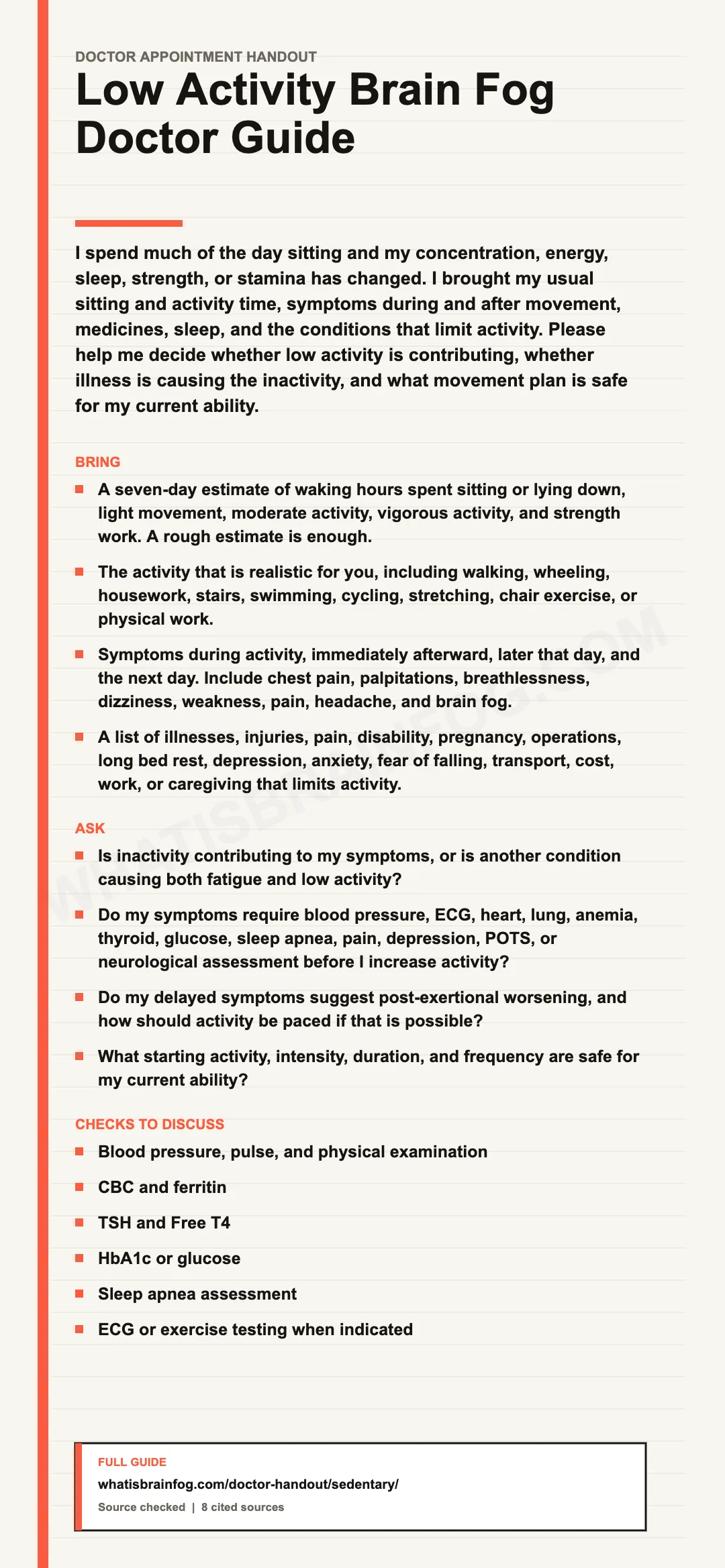 Low Activity and Brain Fog: Exercise Safety and Doctor Questions, a doctor appointment handout from What Is Brain Fog.