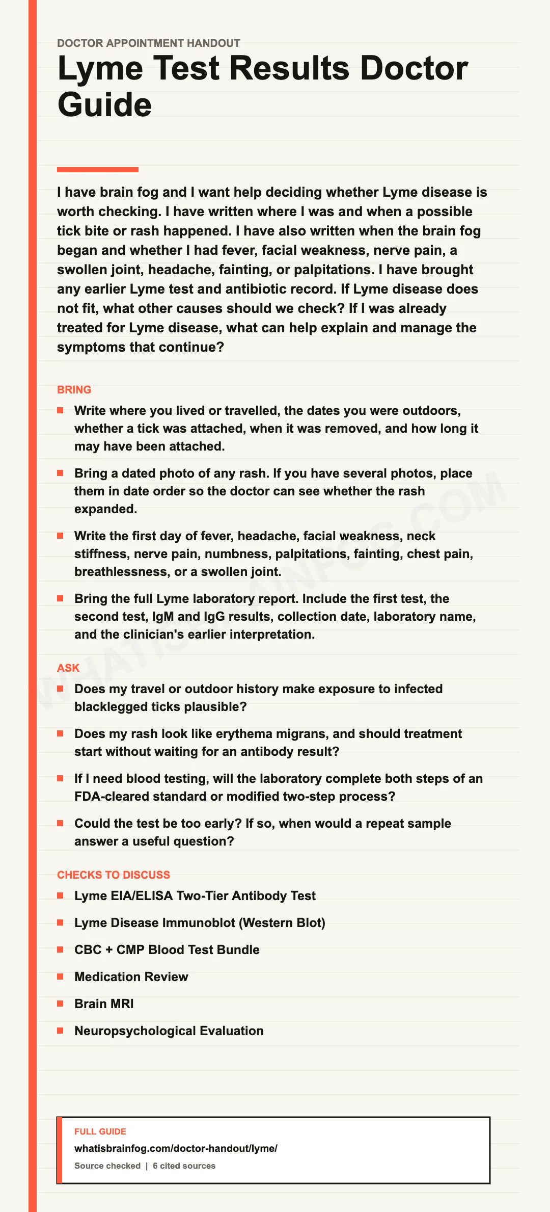 Lyme Disease Testing: Results, Limits and Doctor Questions, a doctor appointment handout from What Is Brain Fog.