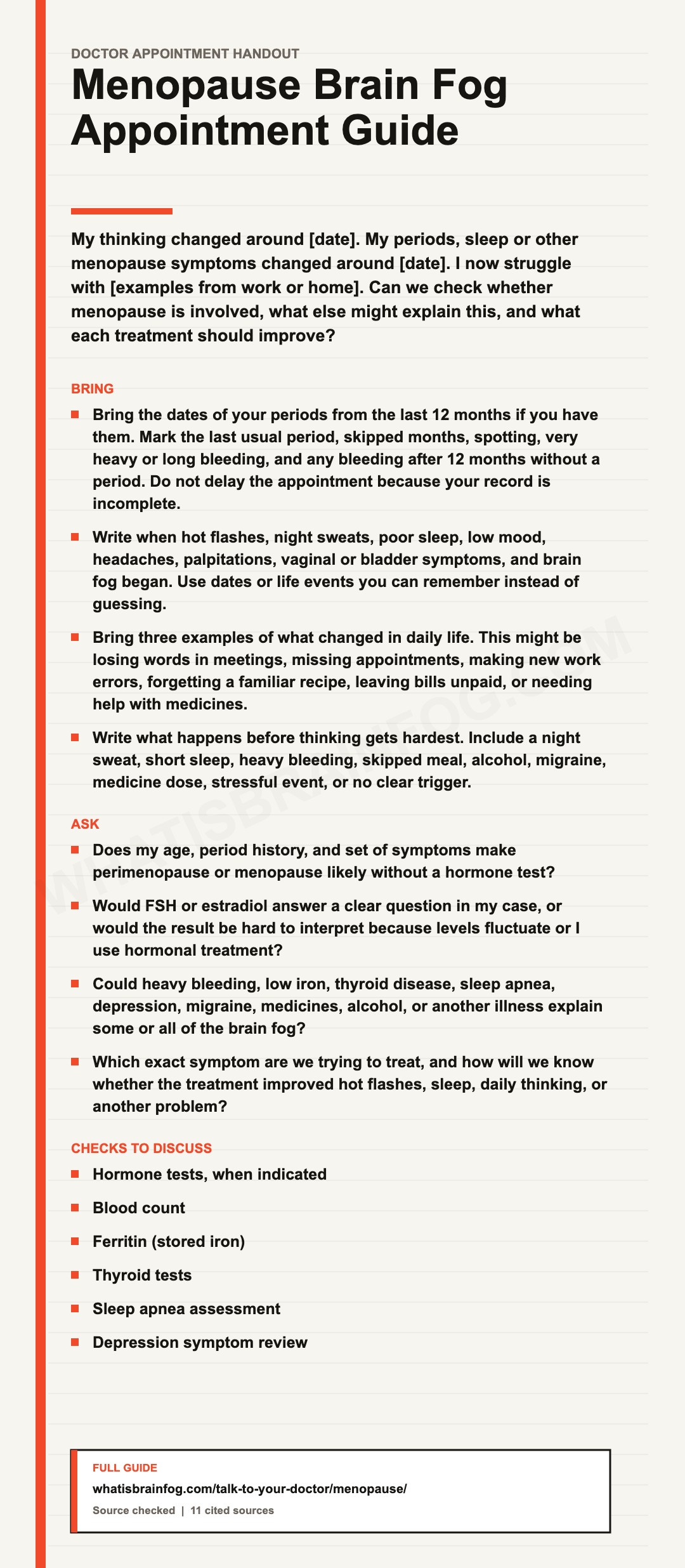 Menopause brain fog appointment notes: symptoms, treatment details and questions for your doctor.
