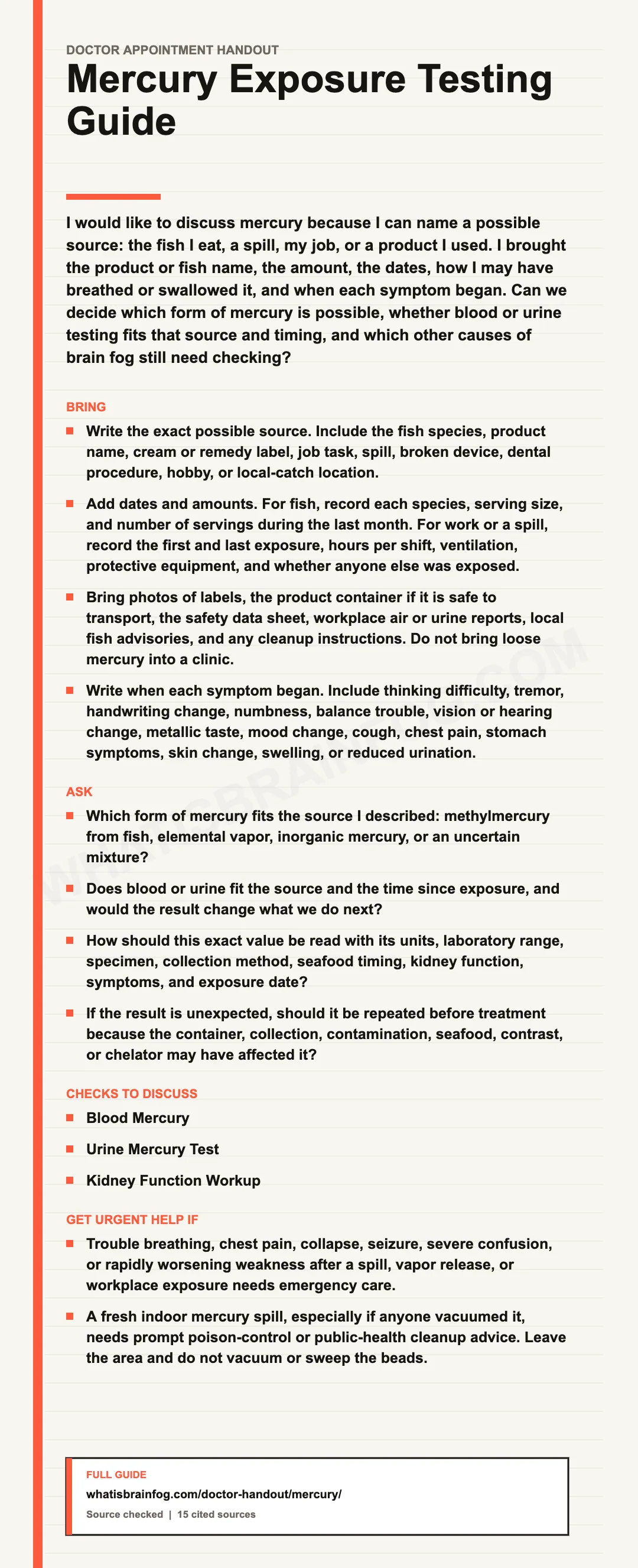 Mercury and Brain Fog: Test Appointment Guide, a doctor appointment handout from What Is Brain Fog.