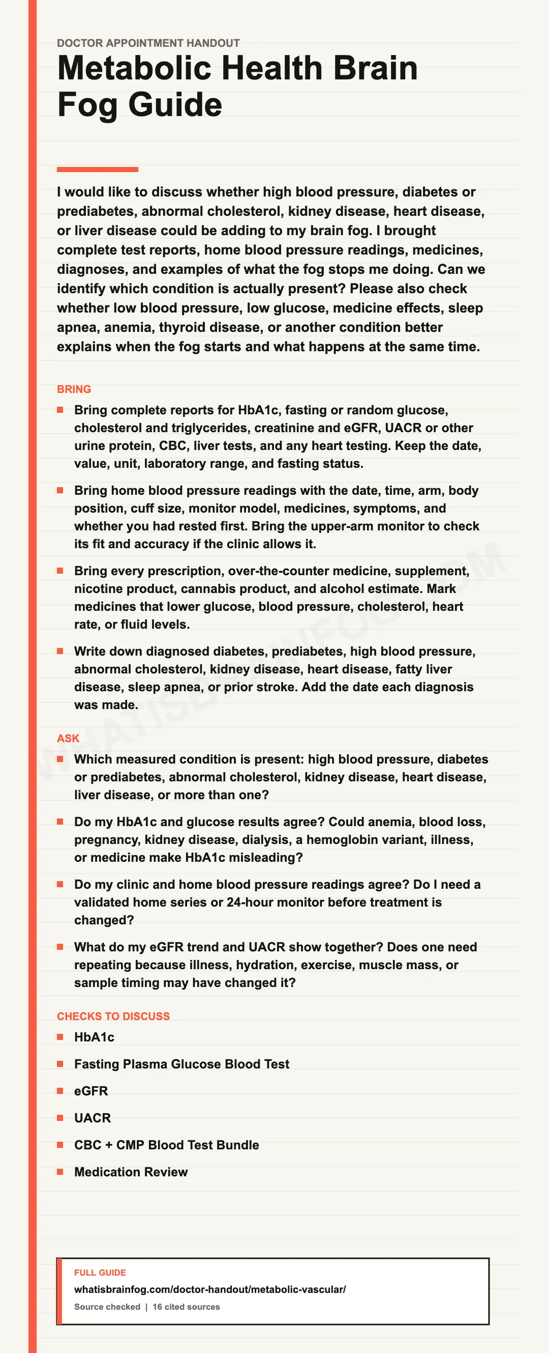 Metabolic Syndrome Brain Fog: Doctor Questions, a doctor appointment handout from What Is Brain Fog.