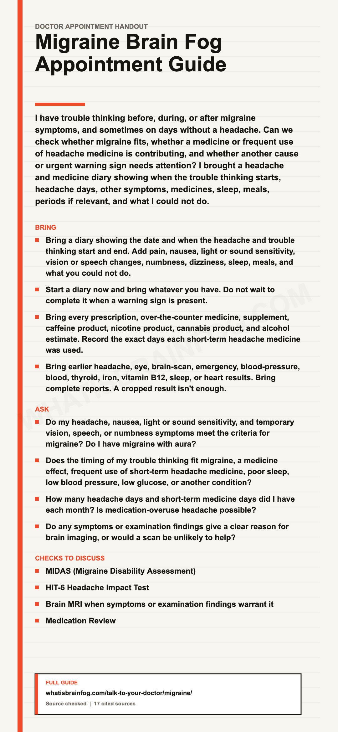 Migraine and Brain Fog: Doctor Visit Checklist, a doctor appointment handout from What Is Brain Fog.