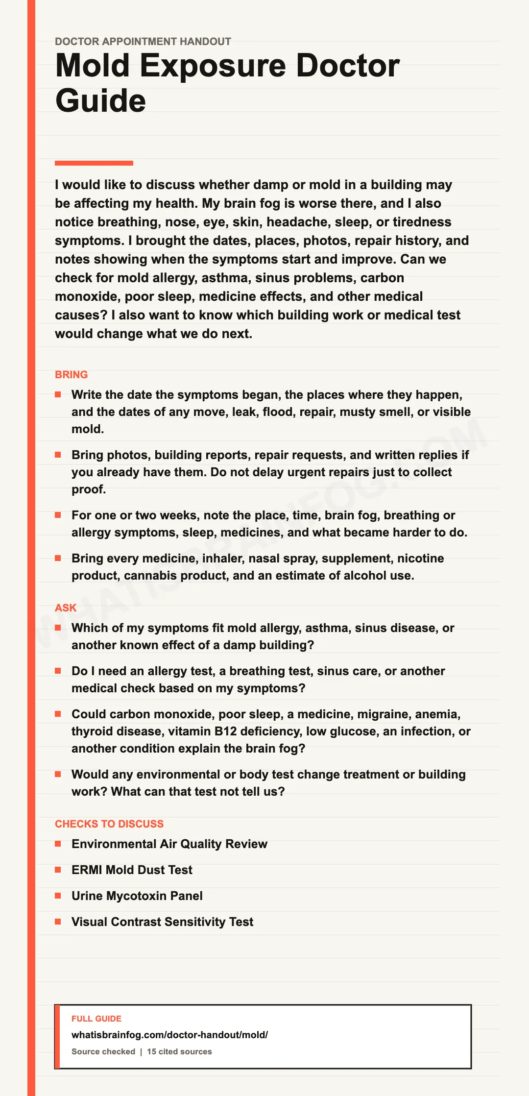 Mold Exposure and Brain Fog: What to Tell Your Doctor, a doctor appointment handout from What Is Brain Fog.