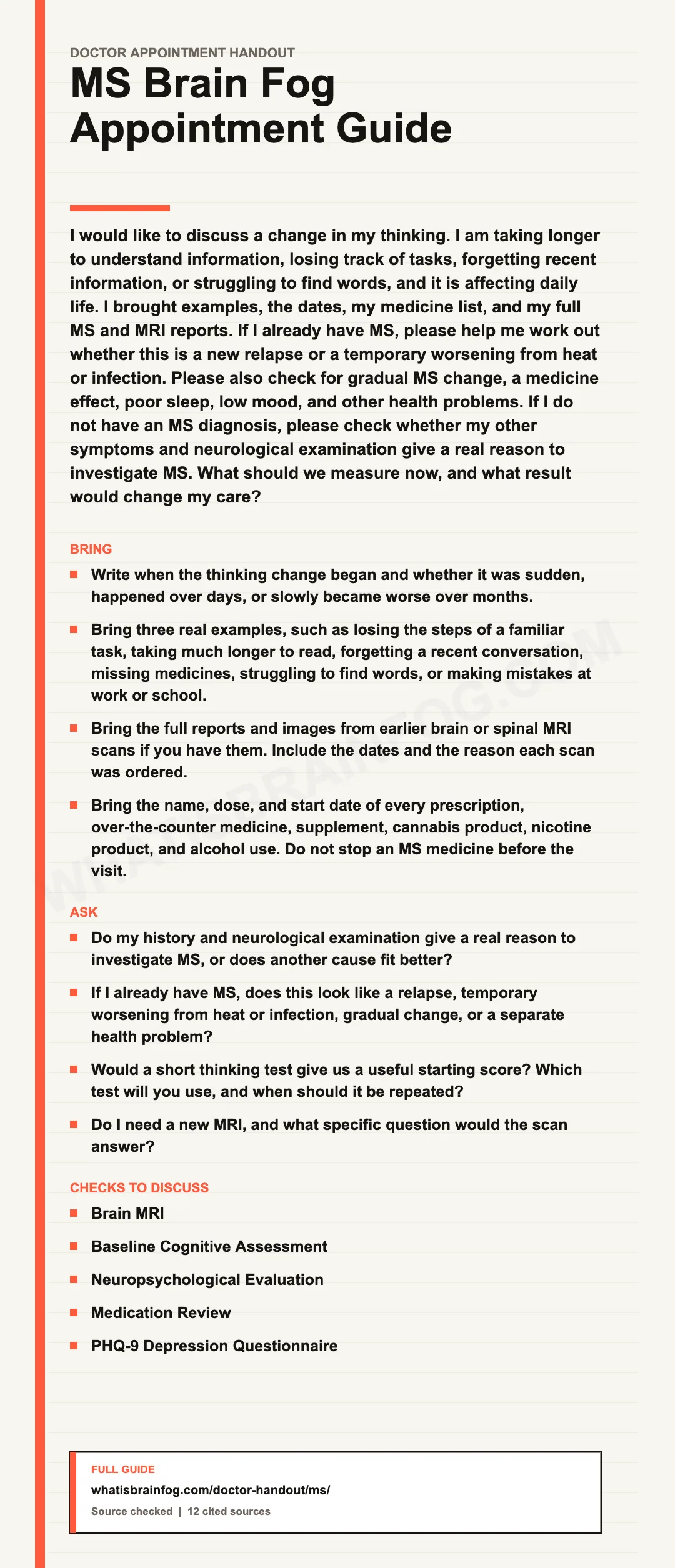 MS Brain Fog: Cognitive Testing, Fatigue and Doctor Questions, a doctor appointment handout from What Is Brain Fog.