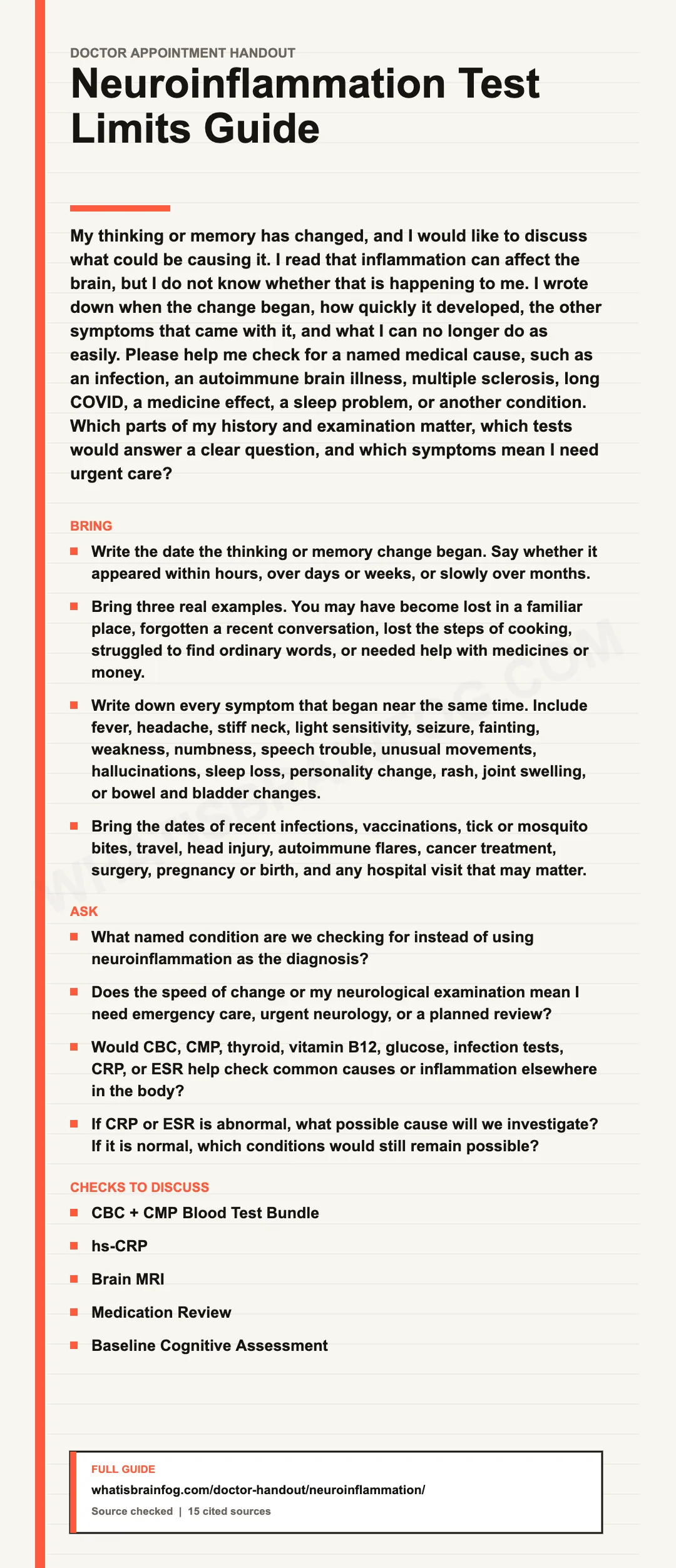 Neuroinflammation and brain fog: Doctor Visit Checklist, a doctor appointment handout from What Is Brain Fog.
