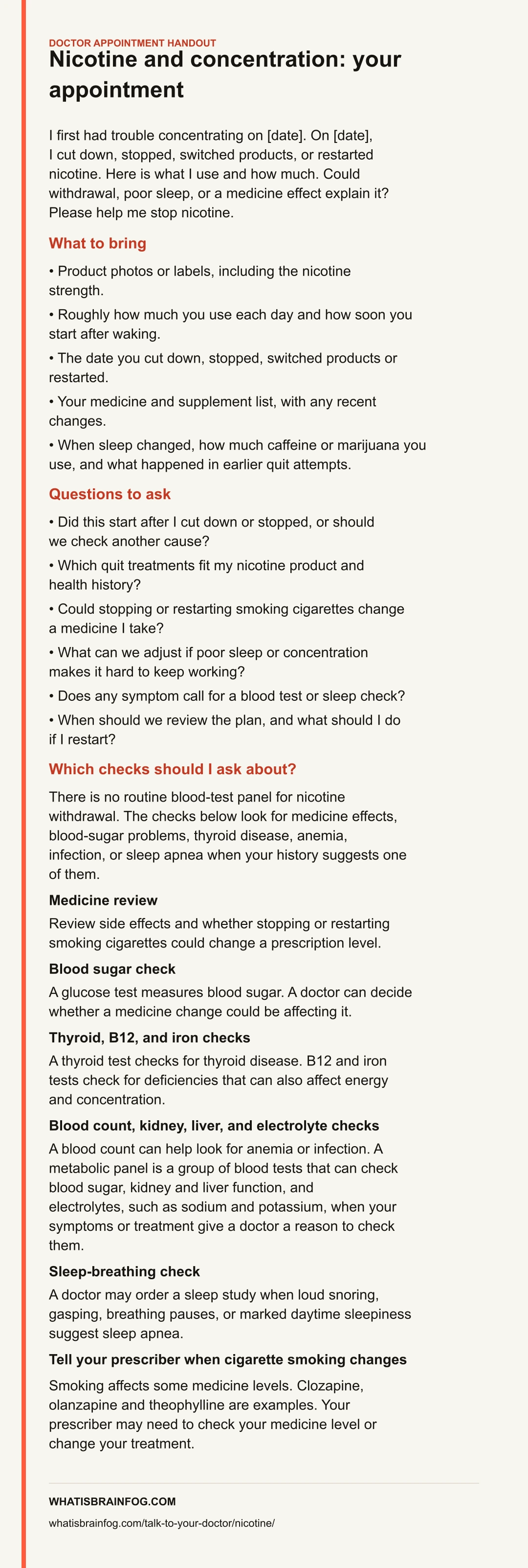 Nicotine and Brain Fog: Questions to Ask Your Doctor, a doctor appointment handout from What Is Brain Fog.