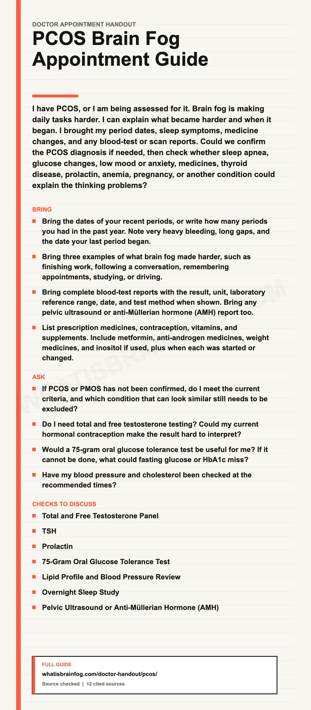 PCOS, Memory Problems and Brain Fog: Doctor Questions, a doctor appointment handout from What Is Brain Fog.